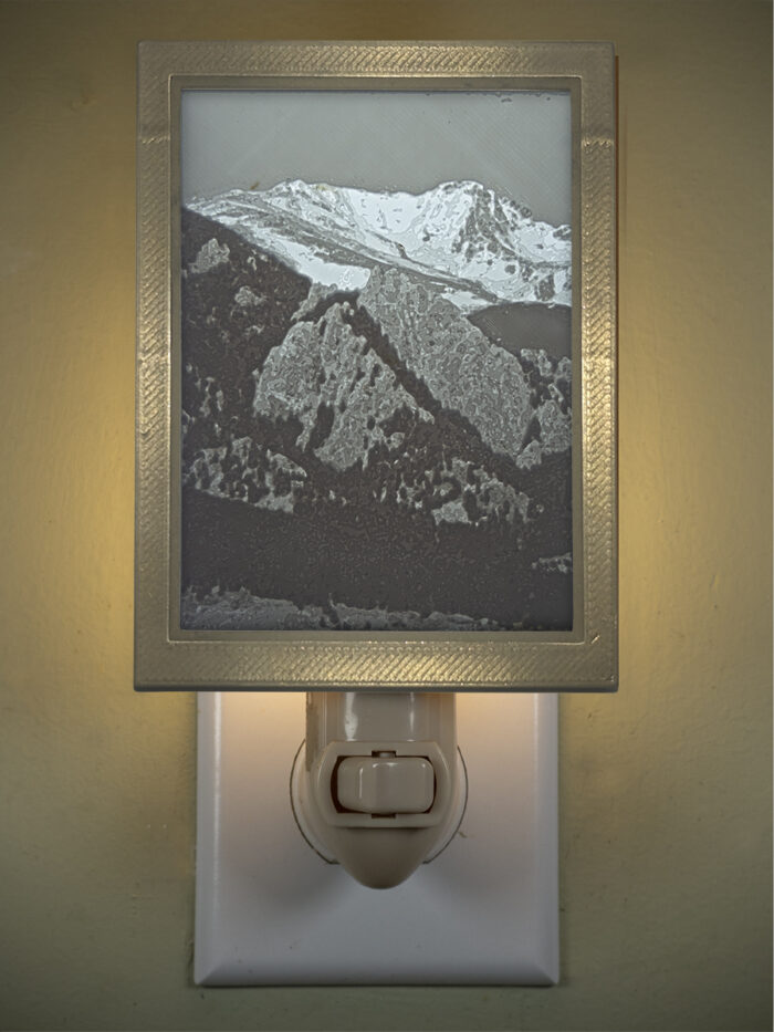 3D printed lithophane LED nightlight Flatirons and Arapaho Glacier Boulder Colorado