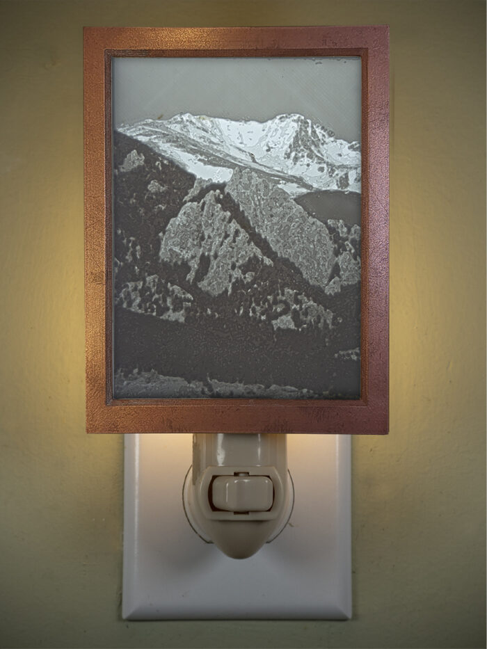 3D printed lithophane LED nightlight Flatirons and Arapaho Glacier Boulder Colorado