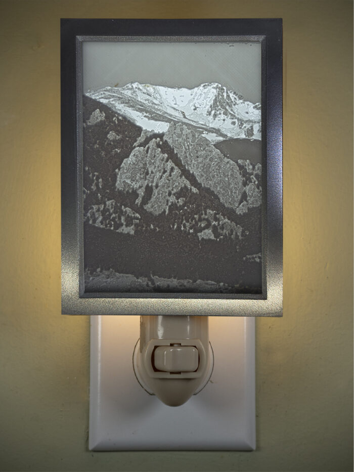 3D printed lithophane LED nightlight Flatirons and Arapaho Glacier Boulder Colorado