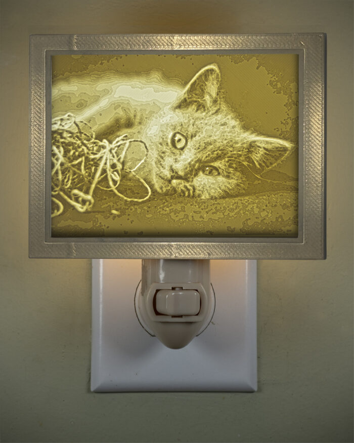 3D printed lithophane LED nightlight kitten and yarn