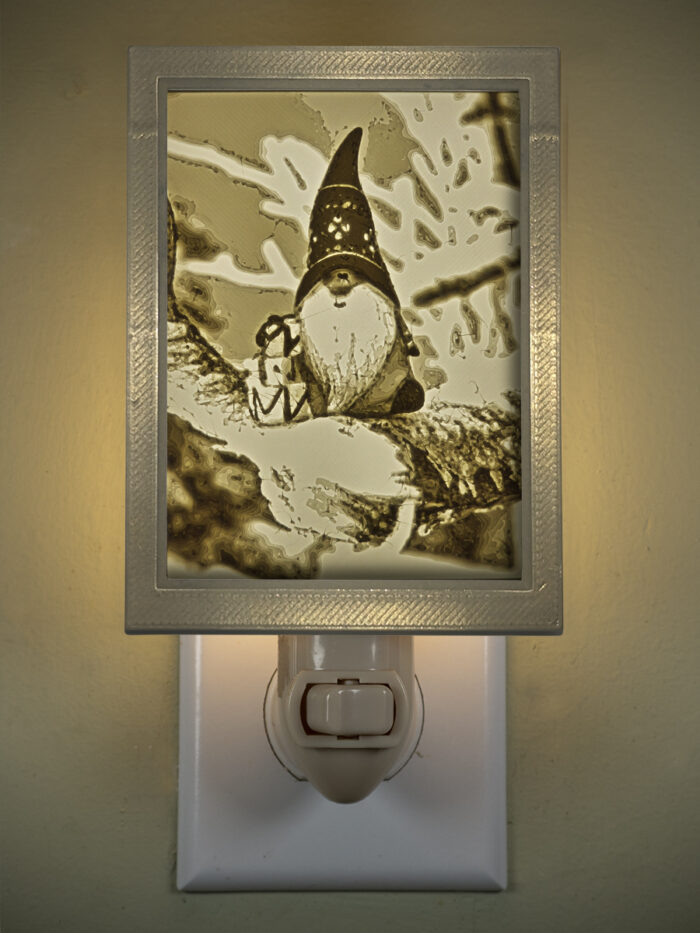 3D printed lithophane LED nightlight christmas gnome with present