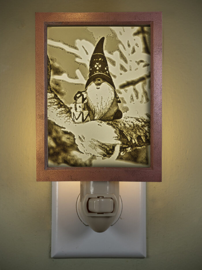 3D printed lithophane LED nightlight christmas gnome with present