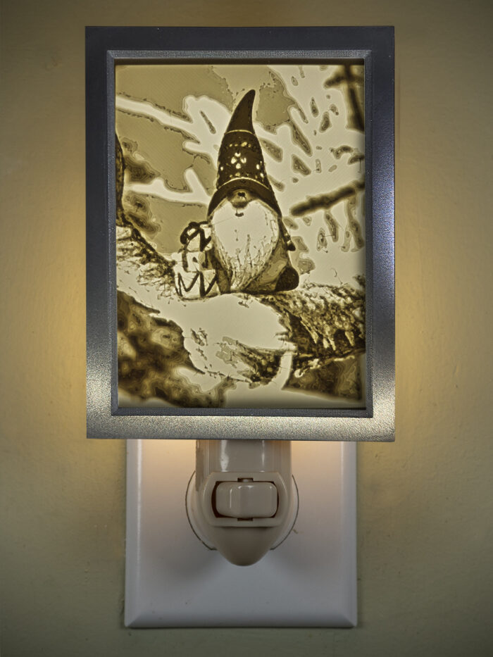 3D printed lithophane LED nightlight christmas gnome with present