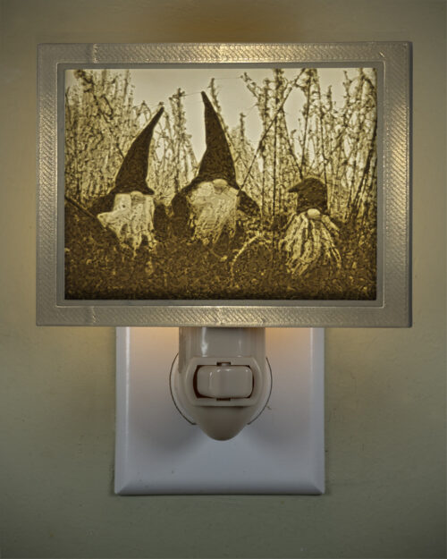 3D printed lithophane LED nightlight three christmas gnomes