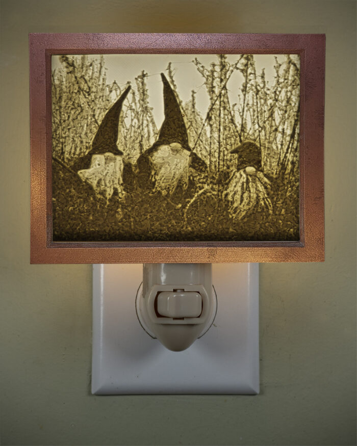 3D printed lithophane LED nightlight three christmas gnomes