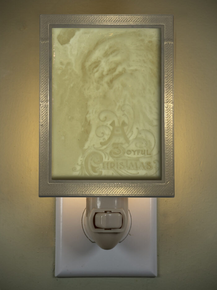 3D printed lithophane LED nightlight Joyful Santa Brass Frame