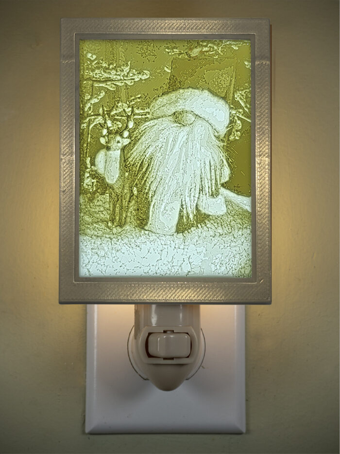 3D printed lithophane LED nightlight Christmas gnome santa and reindeer