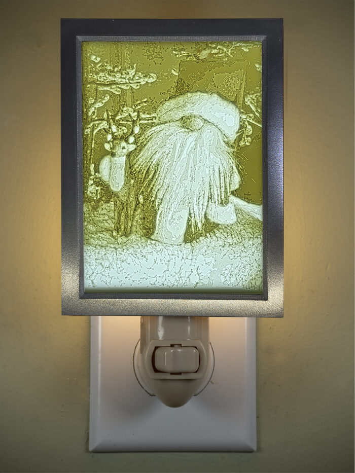 3D printed lithophane LED nightlight Christmas gnome santa and reindeer