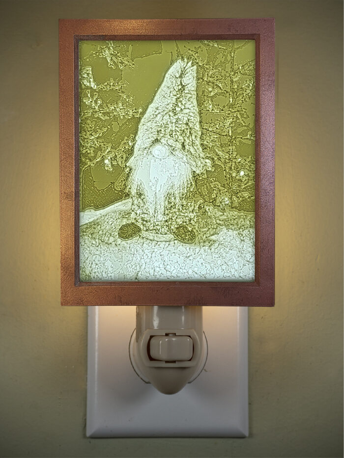 3D printed lithophane LED nightlight Christmas gnome and trees