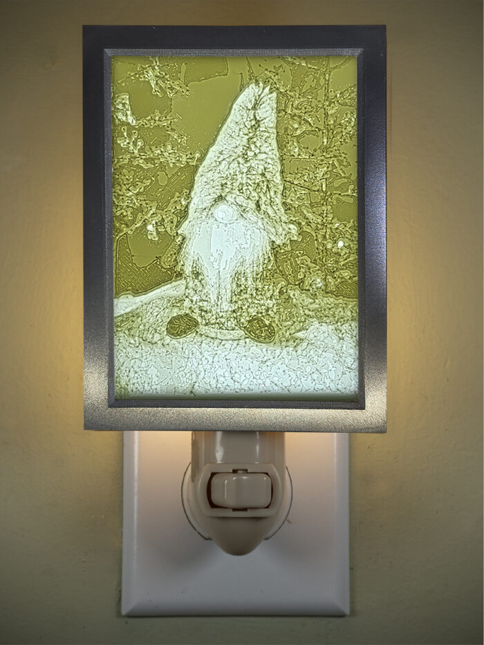 3D printed lithophane LED nightlight Christmas gnome and trees